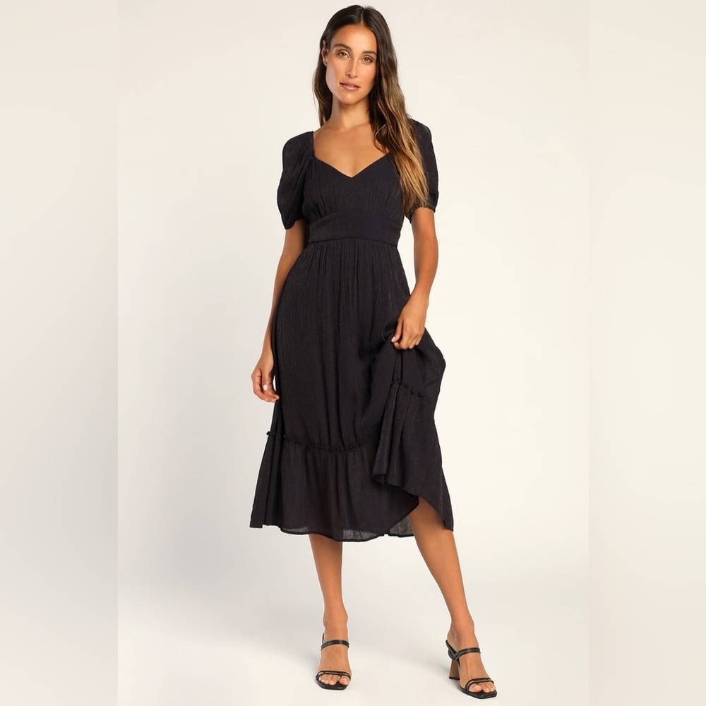 Lulu's Black Midi Dress with Puff Sleeves